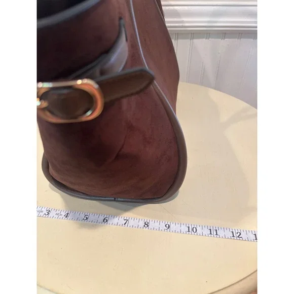 ASOS DESIGN Brown Faux Suede Tote Bag Tan Trim Gold Buckle Large Shoulder Bag - Picture 10 of 11